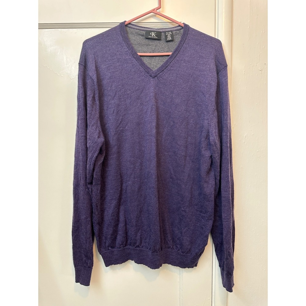 Calvin Klein Mens XL Purple Extra Fine Merino Wool V-Neck Sweater RN 36543